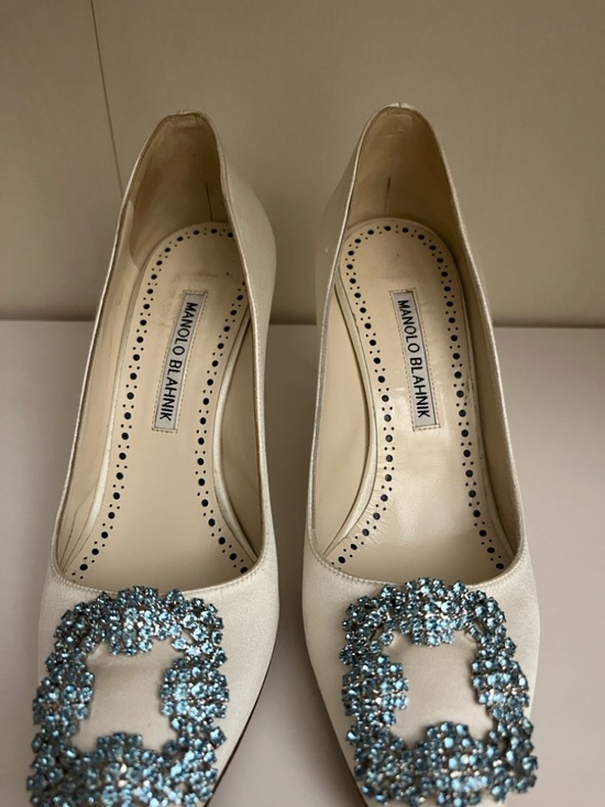 Manolo Blahnik Shoes - Manolo Blahnik Hangisi 90 Satin Pump with Blue Crystal Buckle 35.5